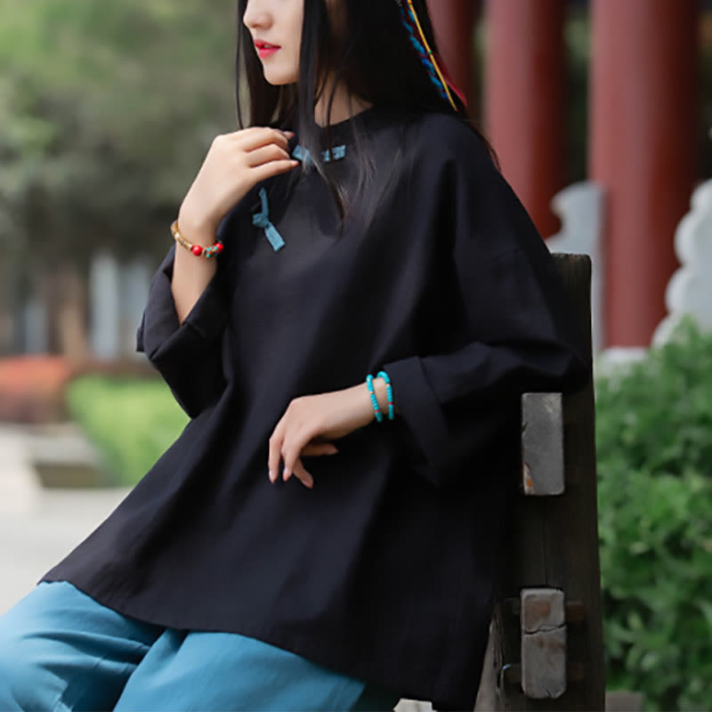 Nimara Ritual Ramie Linen Loose Blouse Women Long Sleeve Shirt Chinese Hanfu Top