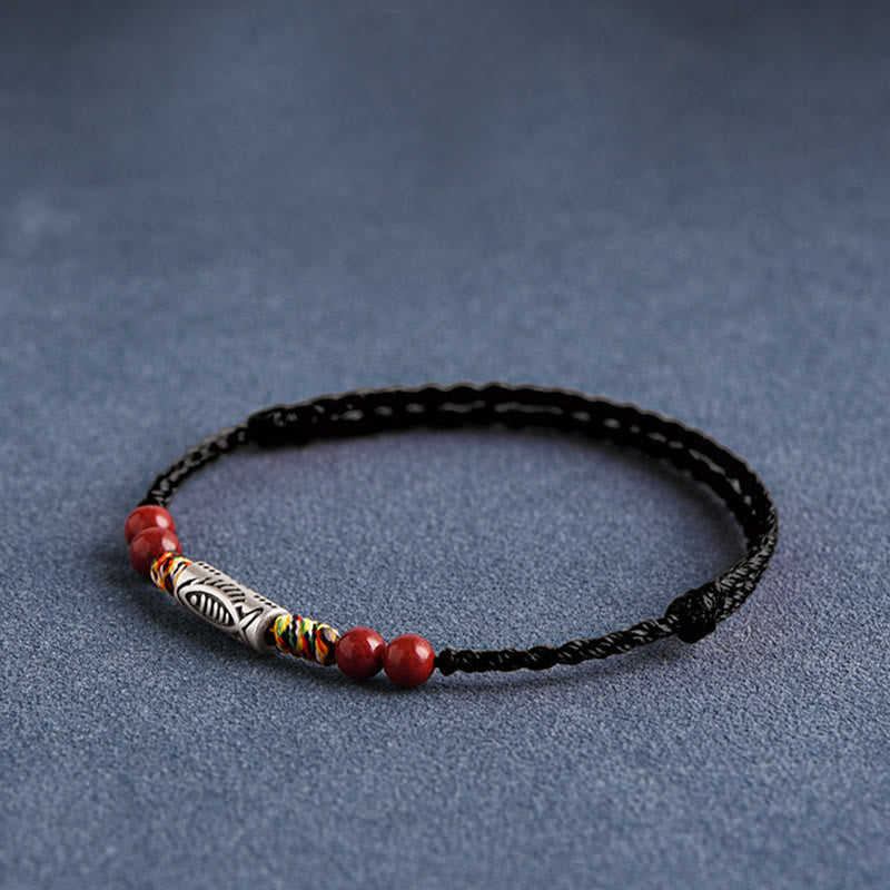 Nimara Ritual 925 Sterling Silver Koi Fish Cinnabar Bead Wealth Handcrafted Braided Bracelet Anklet
