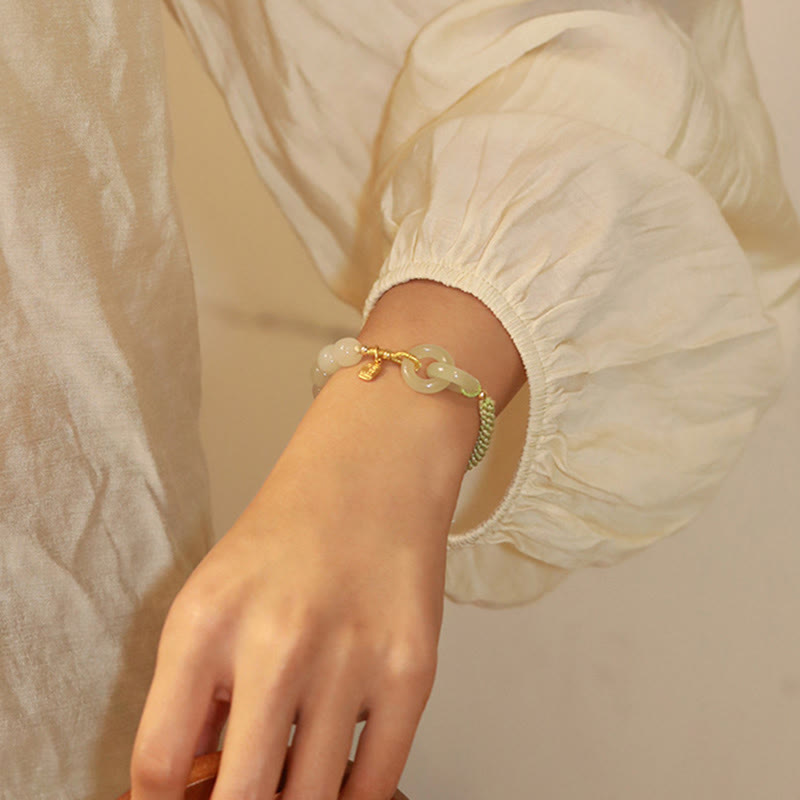 Nimara Ritual Natural Hetian Jade Bead Double Peace Buckle Fu Character Abundance Braided Bracelet