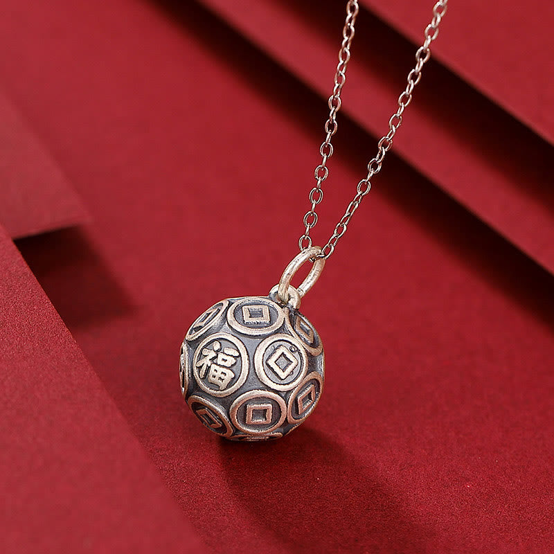 Nimara Ritual 990 Sterling Silver Fu Character Copper Coin Luck Fortune Chain Necklace Pendant