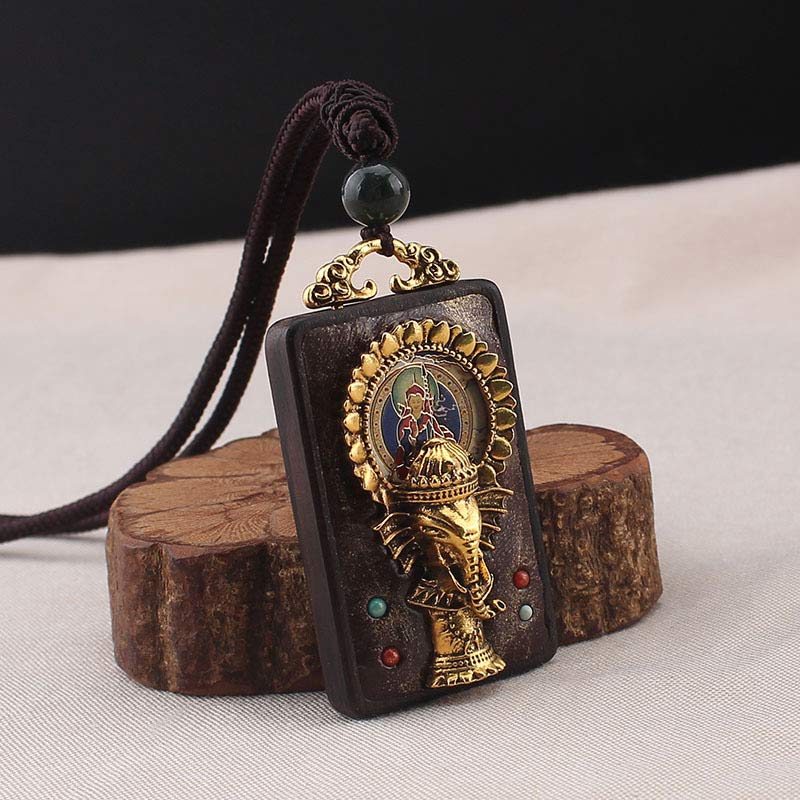Nimara Ritual Ebony Wood Elephant God of Fortune Buddha Blessing Necklace String Pendant