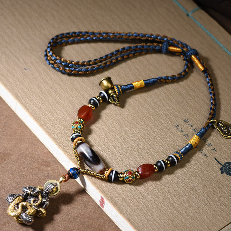 Nimara Ritual Handmade Buddha Snake Skull Head Dzi Bead Serenity Rope Necklace Pendant