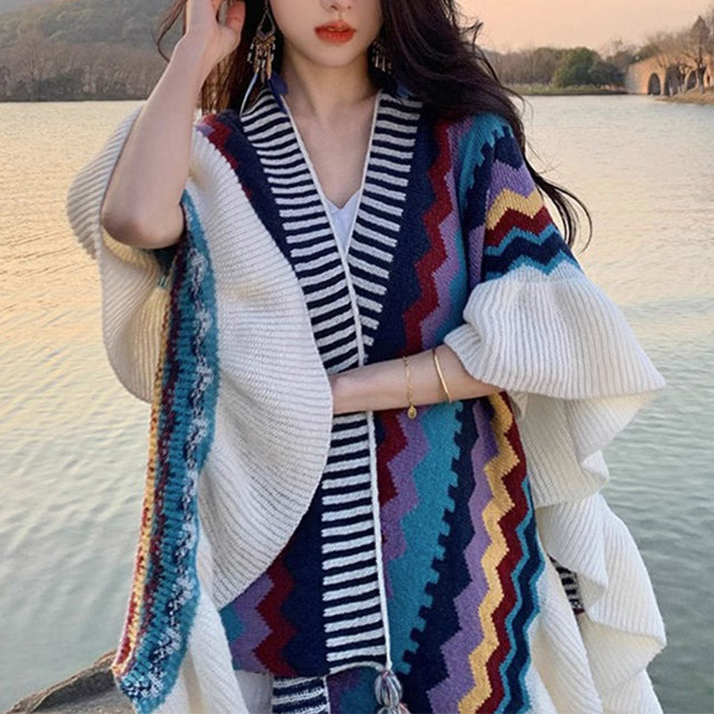 Nimara Ritual Tibetan Shawl Colorful Striped Wavy Line Tassels Winter Cozy Travel Scarf Wrap