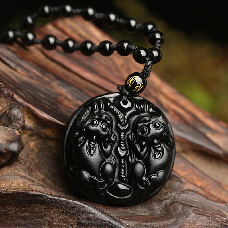 Nimara Ritual Black Obsidian Double Pixiu Bead Rope Purification Necklace Pendant