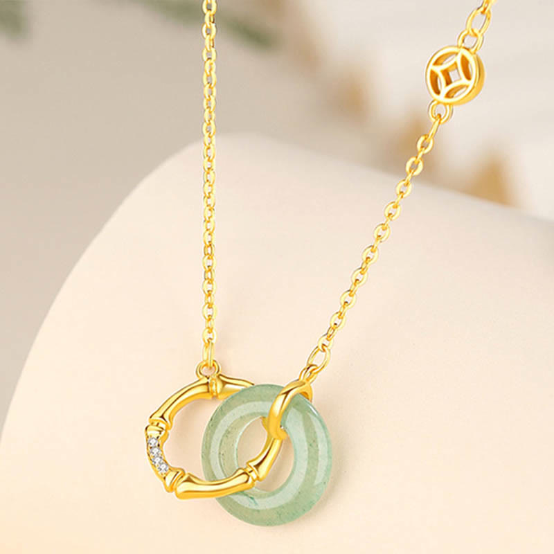 Nimara Ritual 925 Sterling Silver Natural Green Aventurine Peace Buckle Bamboo Coin Prosperity Necklace Pendant