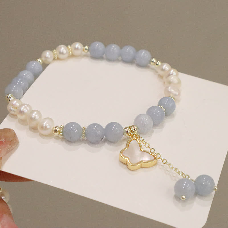 Nimara Ritual Natural Aquamarine Pearl Healing Ginkgo Leaf Butterfly Charm Bracelet