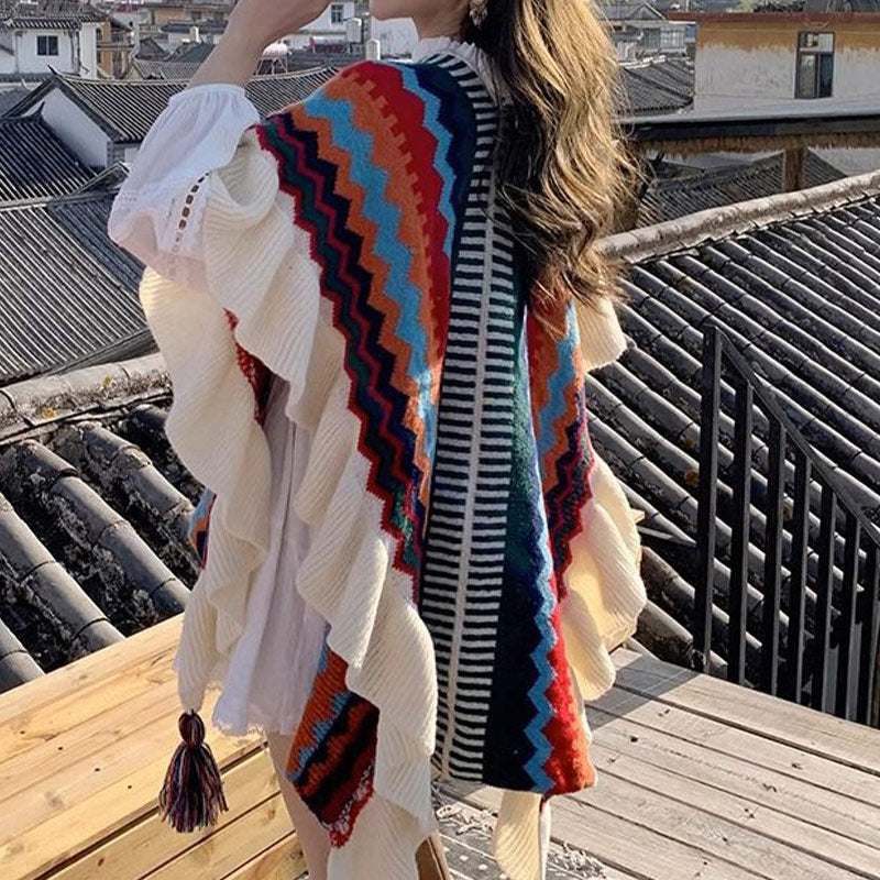 Nimara Ritual Tibetan Shawl Colorful Striped Wavy Line Tassels Winter Cozy Travel Scarf Wrap
