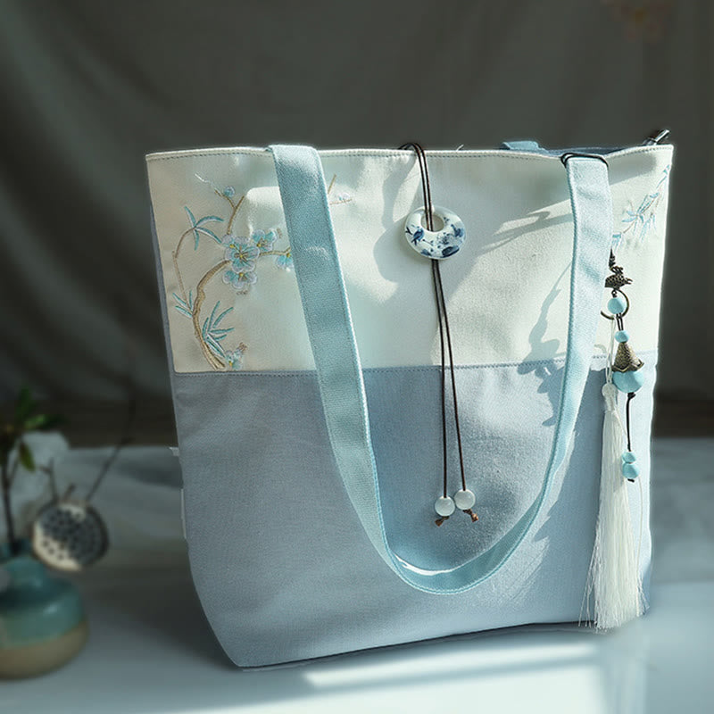 Nimara Ritual Pear Flower Plum Peach Blossom Bamboo Embroidery Canvas Large Capacity Shoulder Bag Tote Bag