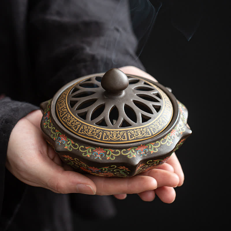 Nimara Ritual Tibetan Floral Pattern Ceramic Blessing Incense Burner Decoration