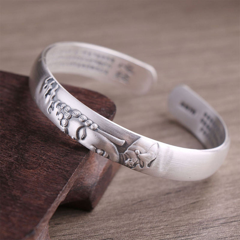 Nimara Ritual 999 Sterling Silver Buddha Head Heart Sutra Serenity Bracelet Bangle