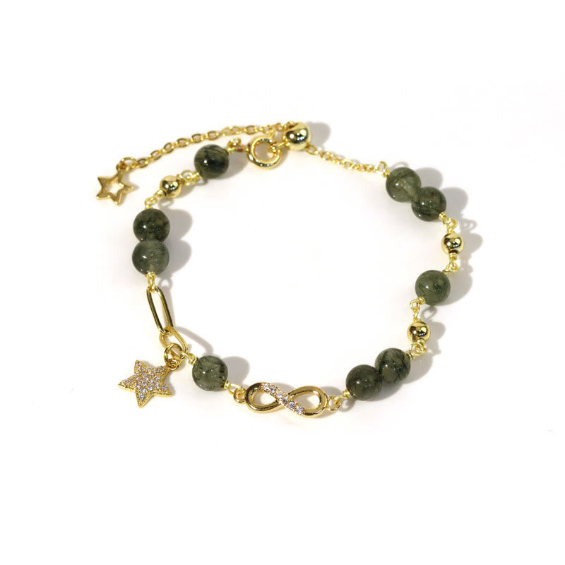 Nimara Ritual 14k Gold Plated Copper Green Rutilated Quartz MAbius Loop Eternal Love Star Protection Bracelet