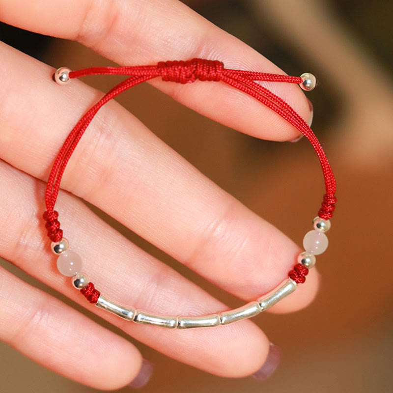 Nimara Ritual 925 Sterling Silver Bamboo White Agate Red Agate Bead Protection String Braided Bracelet