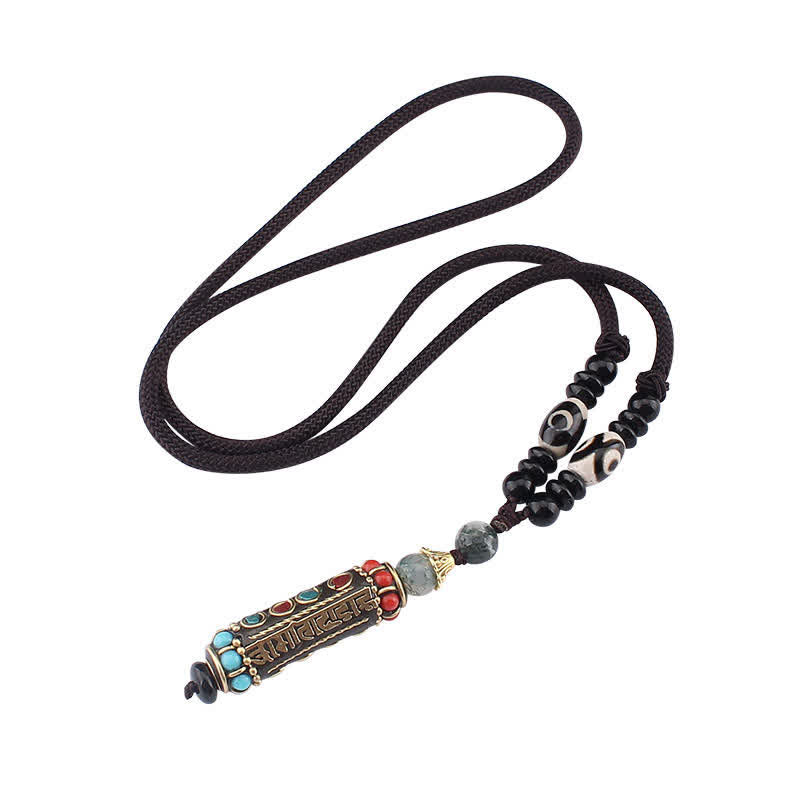 Nimara Ritual Tibetan Om Mani Padme Hum Dzi Bead Wenge Wood Necklace Pendant