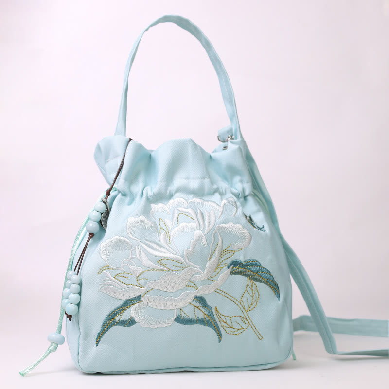 Nimara Ritual Embroidered Flowers Wisteria Lily Cotton Linen Tote Crossbody Bag Shoulder Bag Handbag