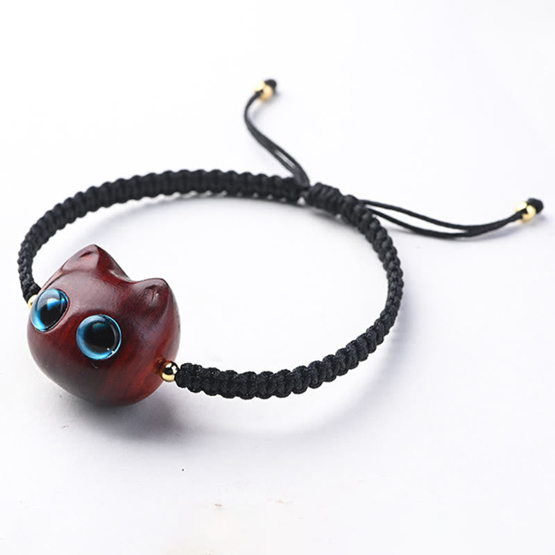 Nimara Ritual Small Leaf Red Sandalwood Ebony Wood Cute Cat Head Calm Protection Braided Bracelet