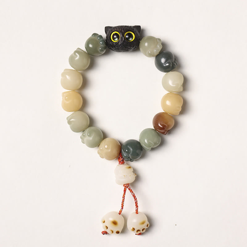 Nimara Ritual Natural Bodhi Seed Lovely Paw Ebony Wood Lucky Cat Wisdom Bracelet