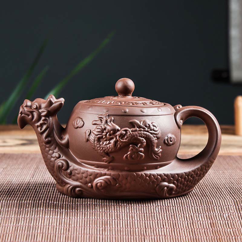 Nimara Ritual Vintage Dragon Auspicious Clouds Purple Clay Ceramic Teapot