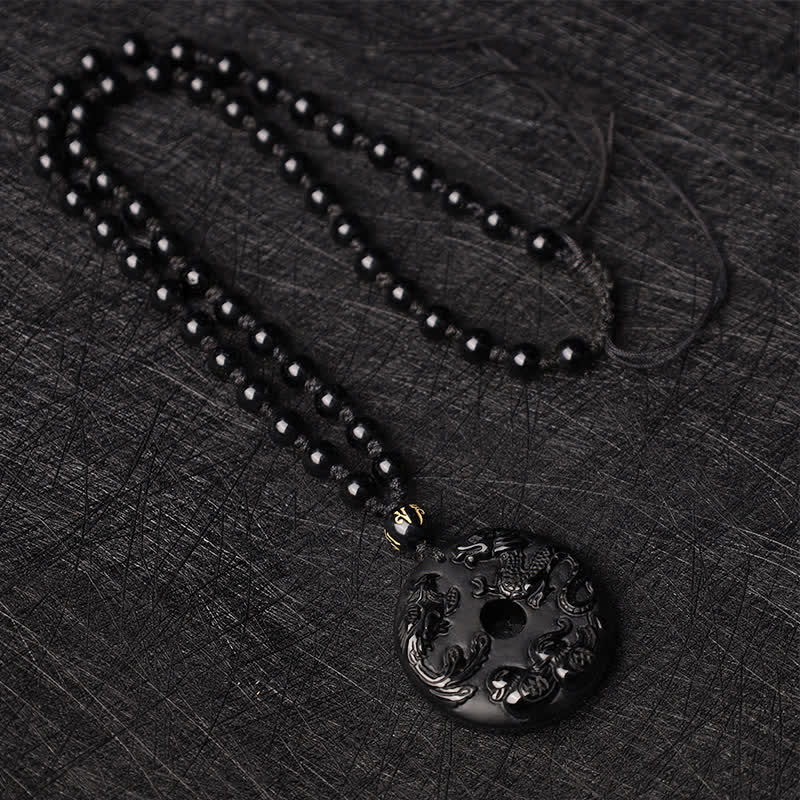 Nimara Ritual Black Obsidian Dragon Phoenix Mandarin Duck Luck Protection Necklace Pendant
