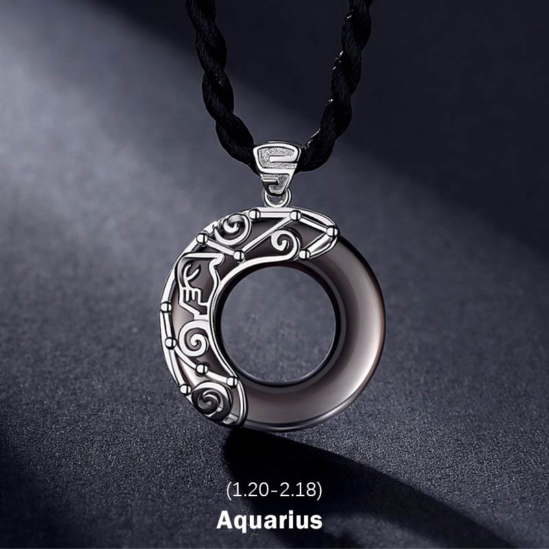 Nimara Ritual 12 Constellations of the Zodiac Ice Obsidian Blessing Round Pendant Necklace
