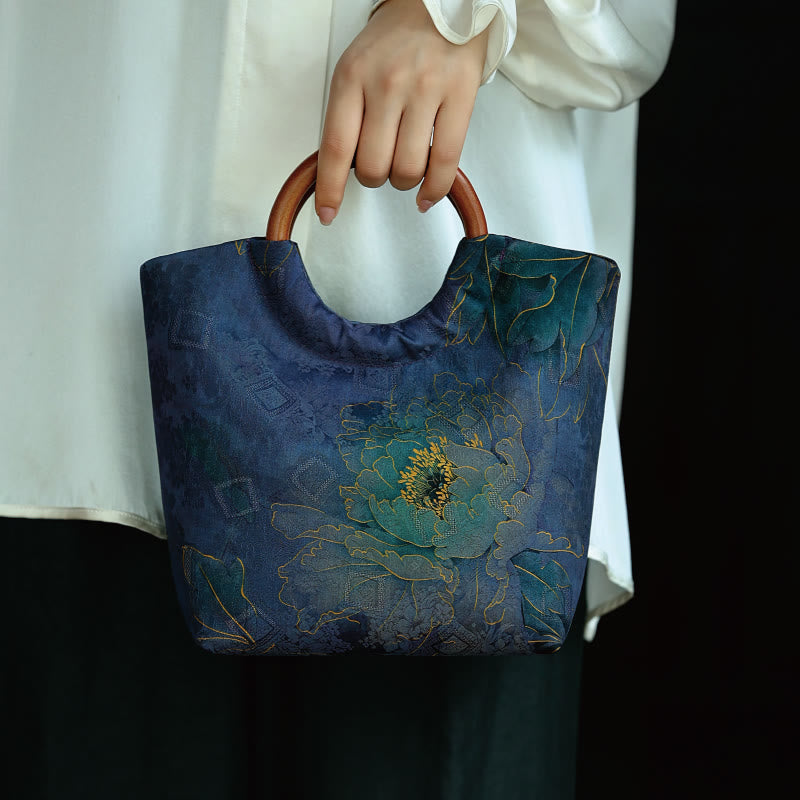 Nimara Ritual Peony Flower Bamboo Leaves Bird Solid Wood Handle Handbag