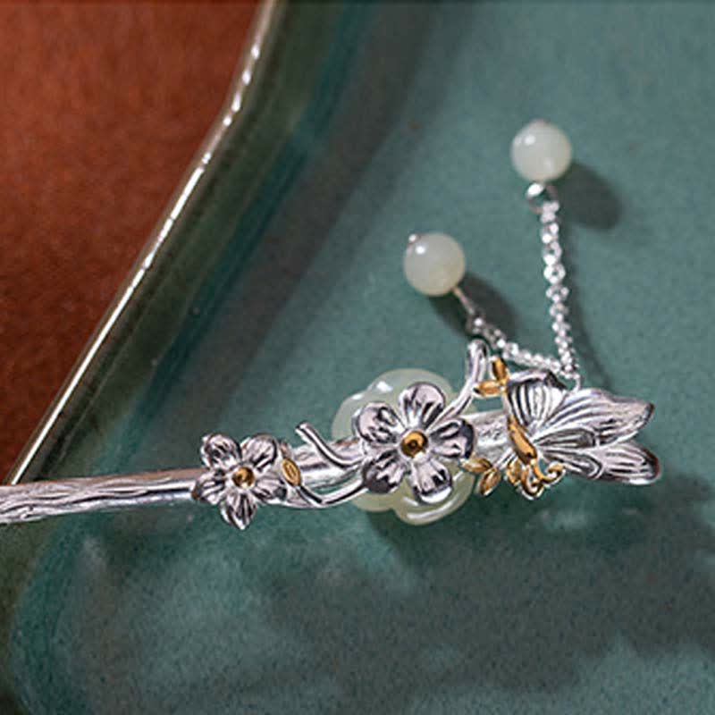 Nimara Ritual 925 Sterling Silver Hetian White Jade Flower Blessing Hairpin