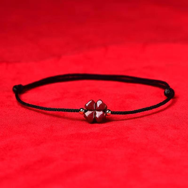 Nimara Ritual Natural Cinnabar Four Leaf Clover Blessing Red String Bracelet Anklet