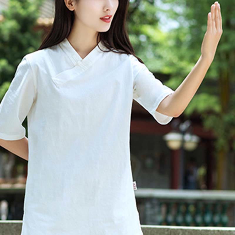 Nimara Ritual 2Pcs Half Sleeve V-Neck Shirt Top Pants Meditation Zen Tai Chi Linen Clothing Women's Set