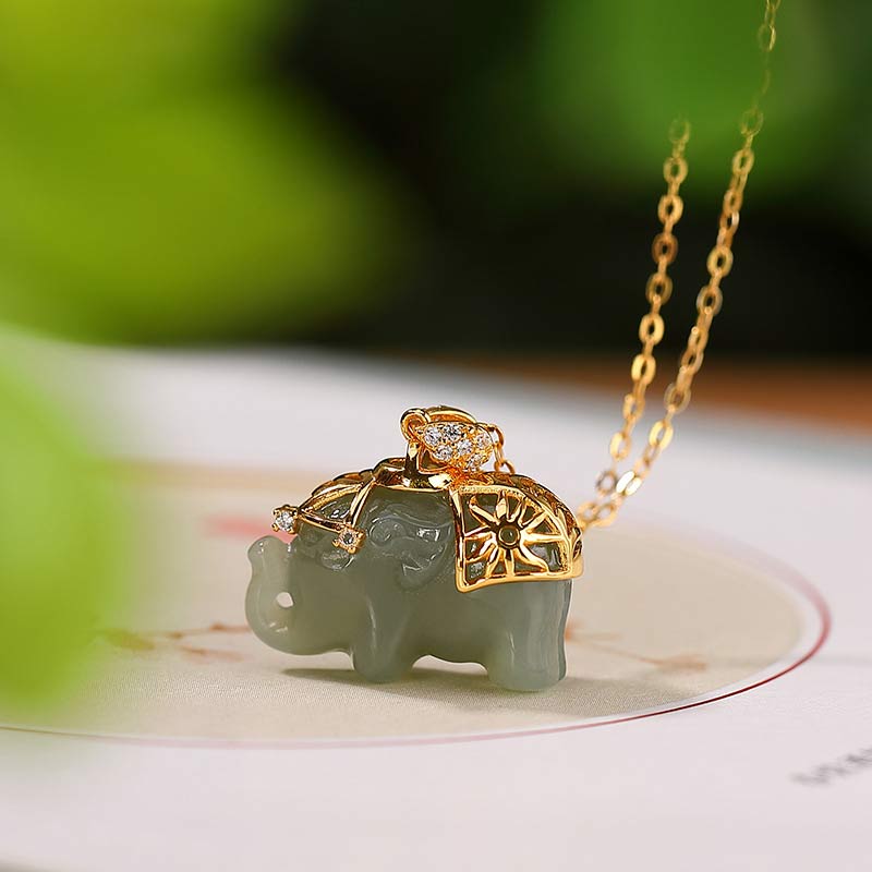 Nimara Ritual 925 Sterling Silver Jade Elephant Blessing Fortune Necklace Chain Pendant