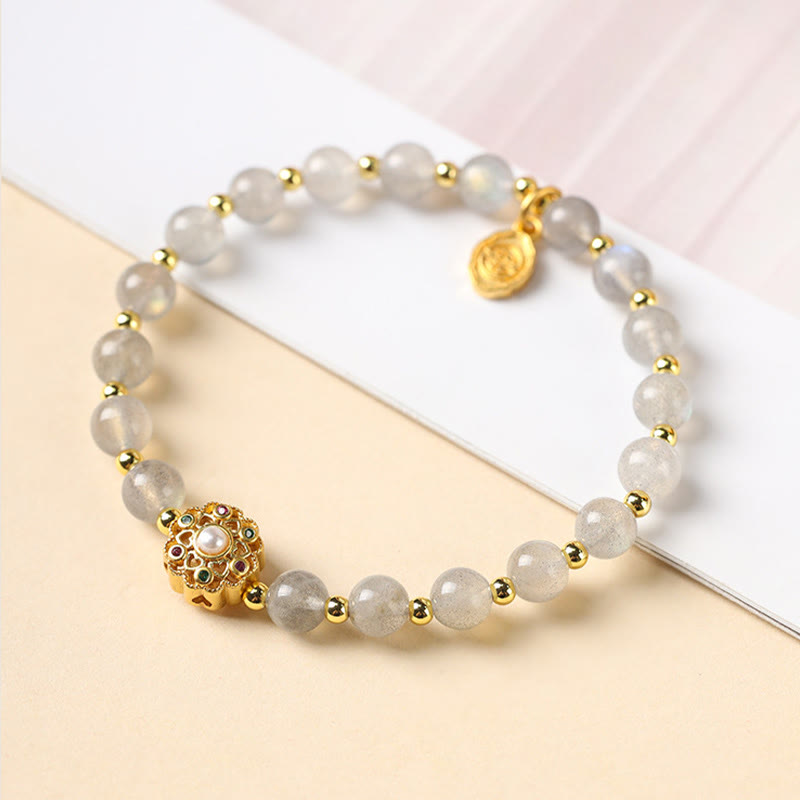 Nimara Ritual 14K Gold Plated Natural Strawberry Quartz Labradorite Sun Stone Fu Character Positive Charm Bracelet