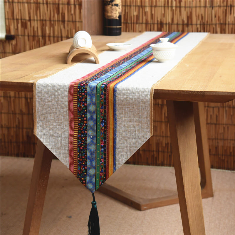 Nimara Ritual Classic Chinese Style Lotus Koi Fish Flower Crane Calligraphy Enlightenment Cotton Linen Tassels Table Runner
