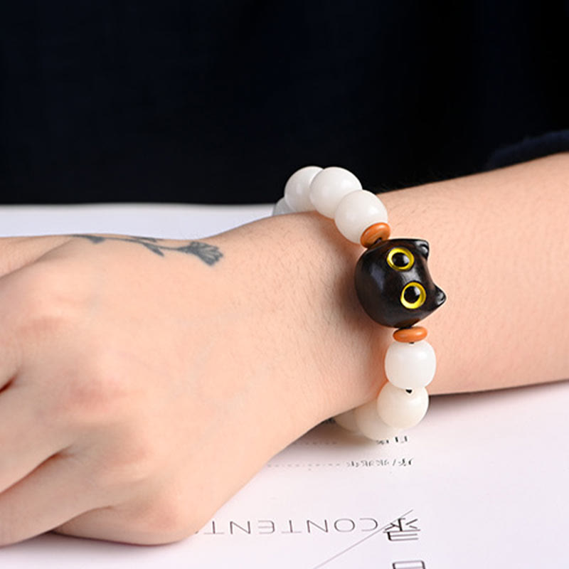 Nimara Ritual Natural Bodhi Seed Small Leaf Red Sandalwood Ebony Wood Cute Lucky Cat Wisdom Bracelet