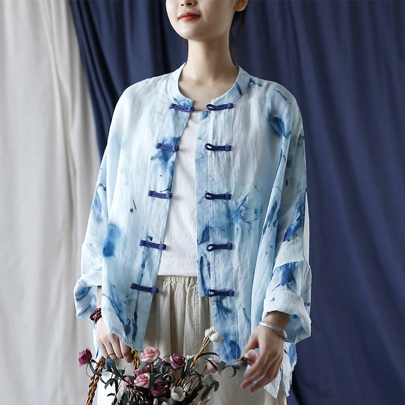Nimara Ritual Tie Dye Blue Flowers Frog-Button Design Long Sleeve Ramie Linen Jacket Shirt