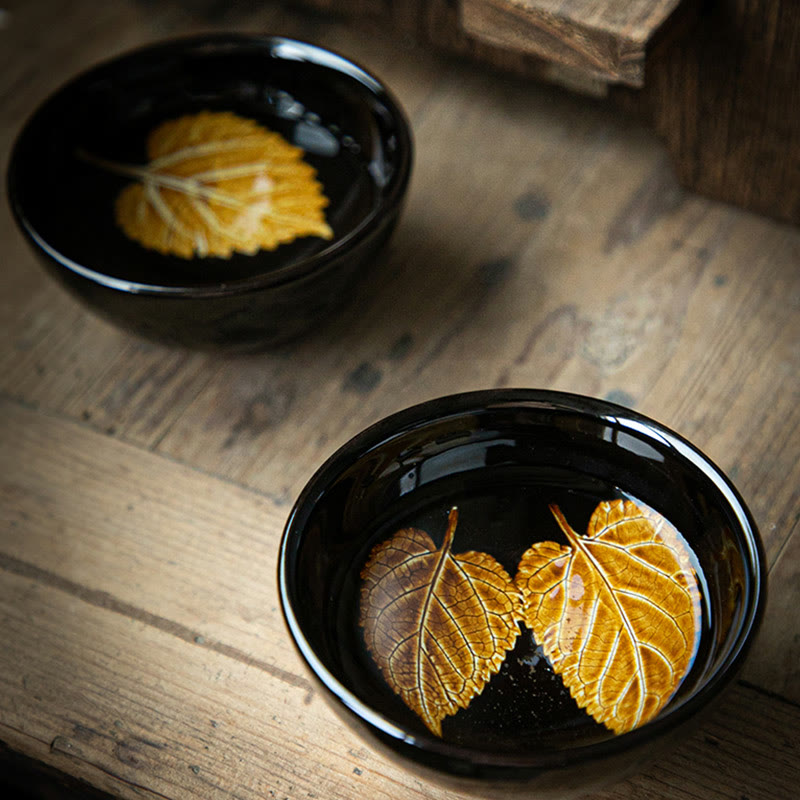 Nimara Ritual Gold Maple Leaf Chinese Jianzhan Ceramic Teacup Tenmoku Kung Fu Tea Cup Bowl