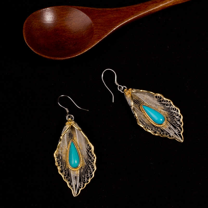 Nimara Ritual 925 Sterling Silver Turquoise Bodhi Leaf Pattern Protection Drop Dangle Earrings