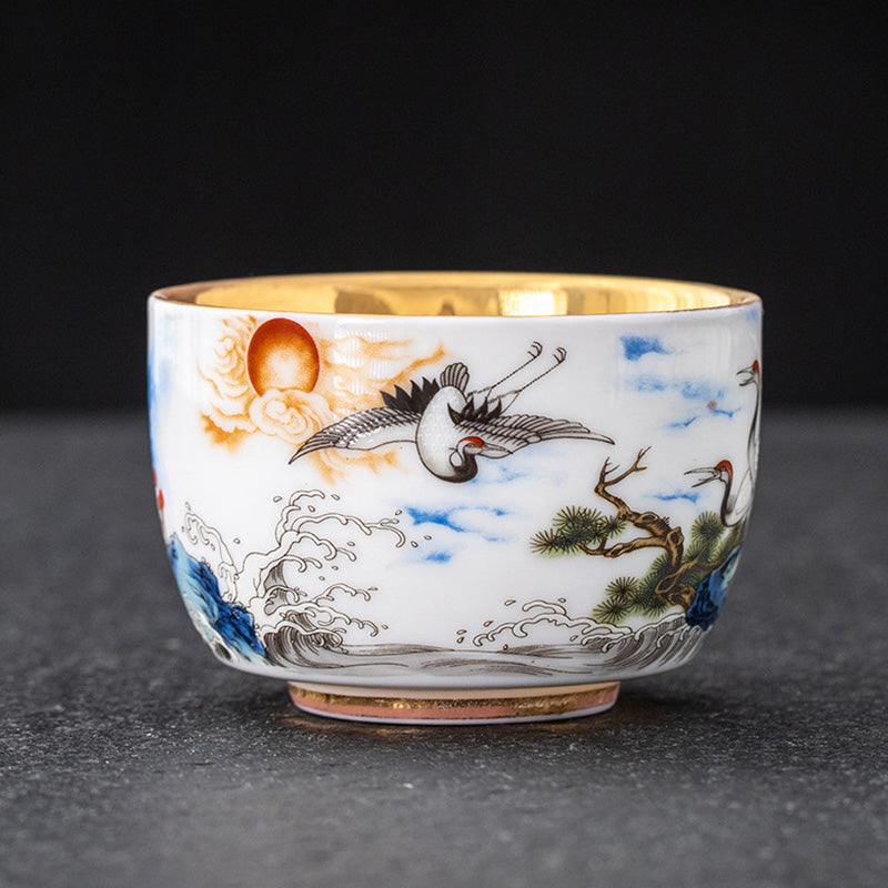 Nimara Ritual Dragon Phoenix Crane Sun Ocean Waves Gilt Ceramic Teacup Kung Fu Tea Cup 170ml