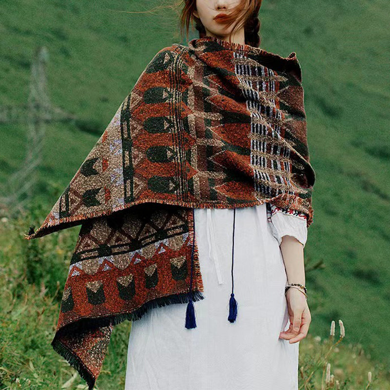Nimara Ritual Tibetan Shawl Classic Geometry Pattern Winter Cozy Travel Scarf Wrap