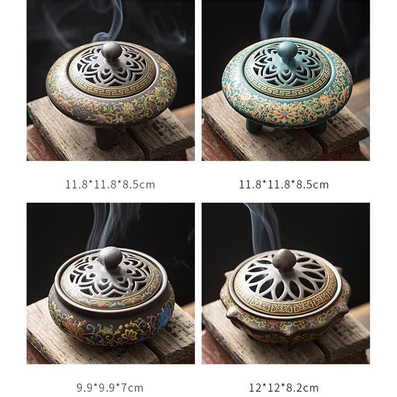 Nimara Ritual Tibetan Floral Pattern Ceramic Blessing Incense Burner Decoration