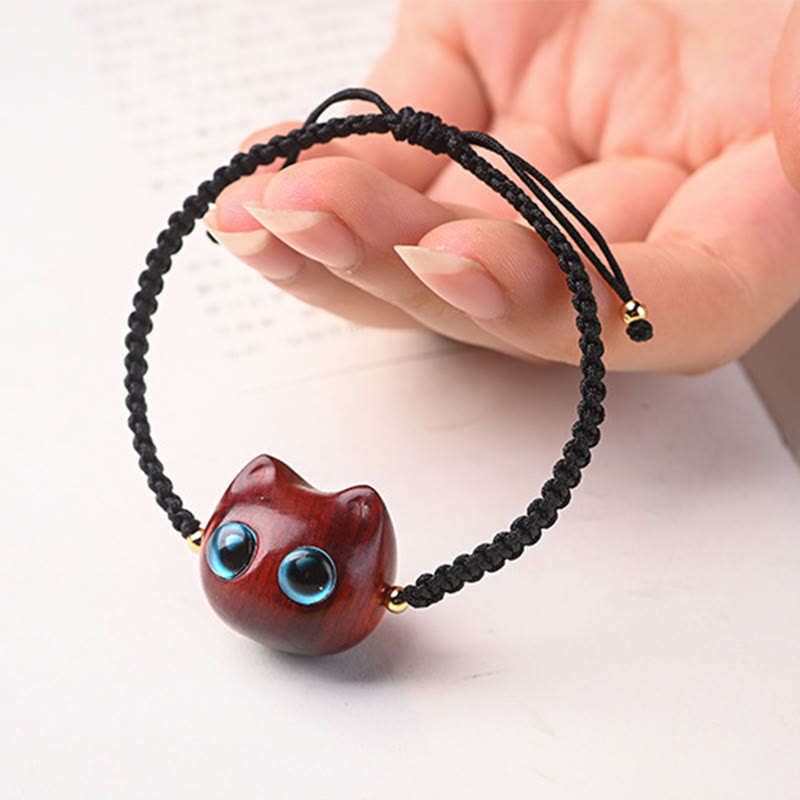 Nimara Ritual Small Leaf Red Sandalwood Ebony Wood Cute Cat Head Calm Protection Braided Bracelet