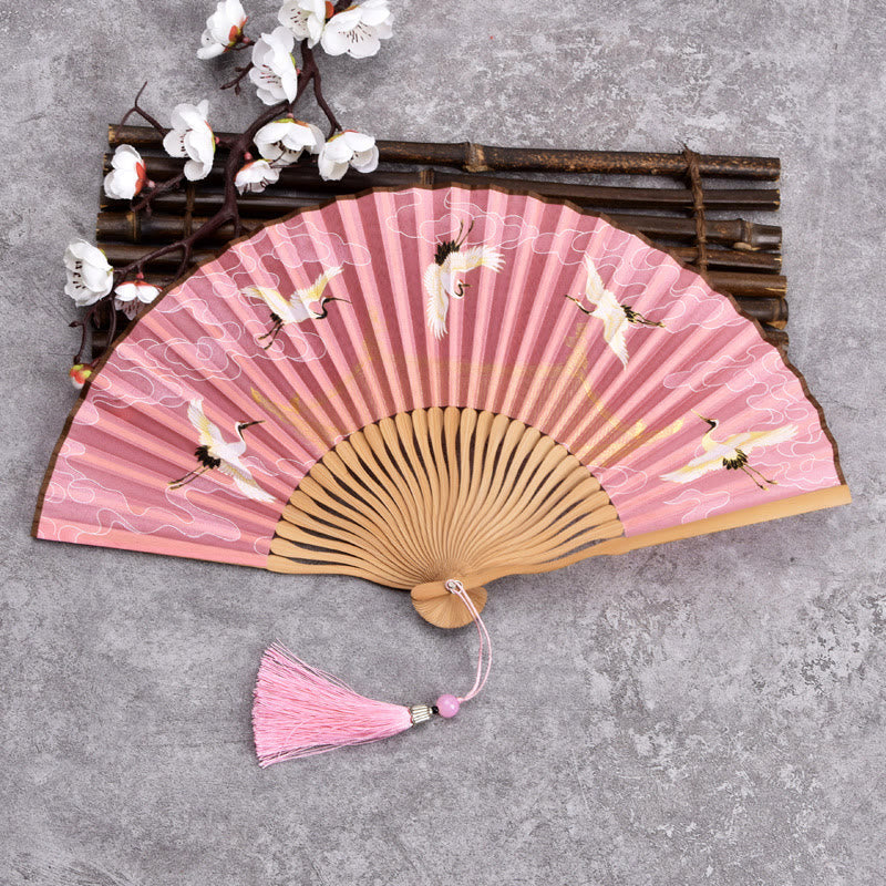 Nimara Ritual Vintage Cloud Crane Pattern Handheld Bamboo Folding Fan