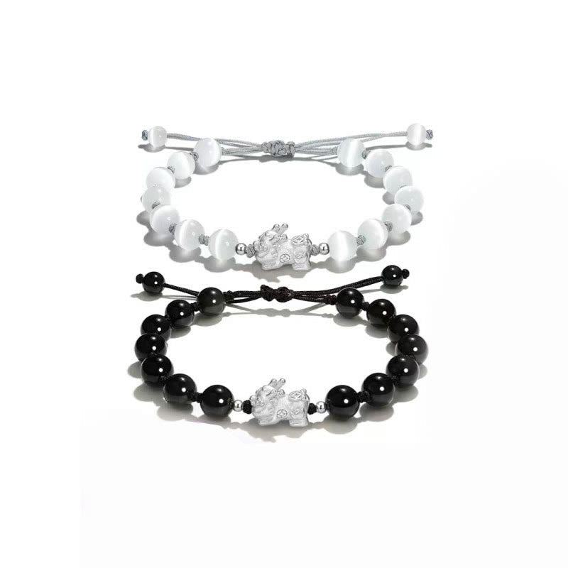 Nimara Ritual Natural Black Obsidian Cat's Eye Pink Crystal PiXiu Strength Bracelet