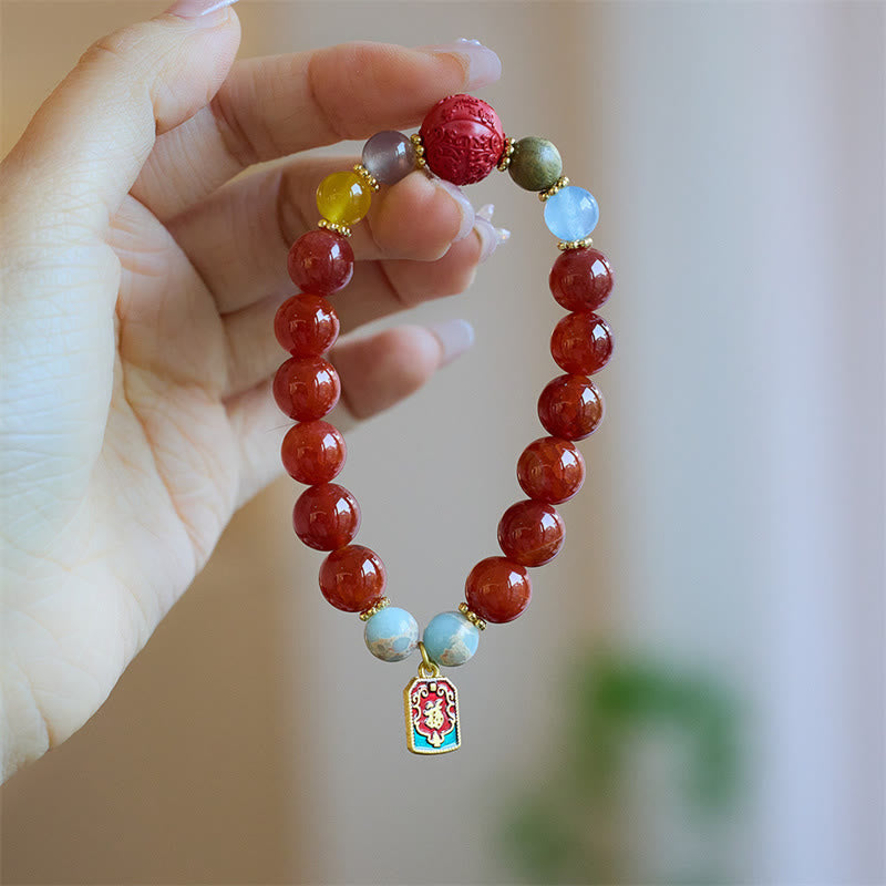 Nimara Ritual Natural Red Agate Peace Talisman Fu Character Dragon Tail Confidence Charm Bracelet