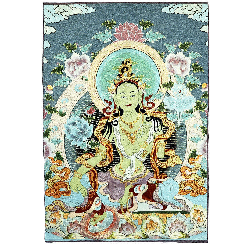 Nimara Ritual Tibetan Embroidery White Tara Thangka Tapestry Wall Hanging Wall Art Meditation for Home Decor