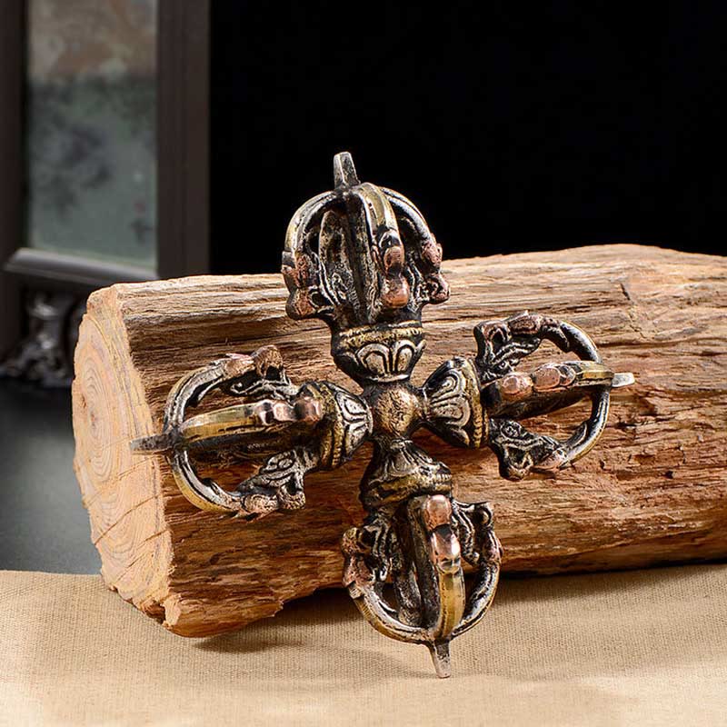 Nimara Ritual Tibetan Handmade 5 Prong Double Dorje Copper Iron Thunderbolt Strength Vajra