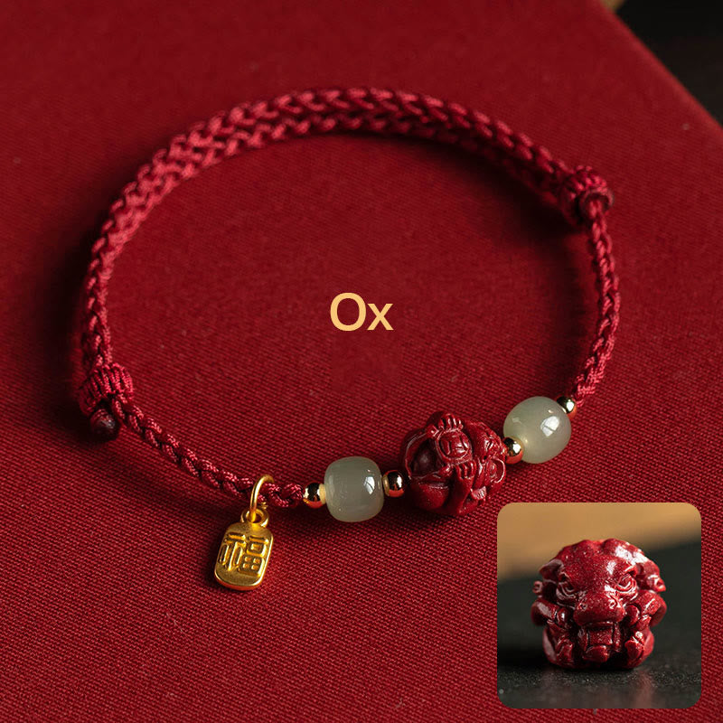 Nimara Ritual Natural Cinnabar Chinese Zodiac Hetian Jade Fu Character Luck Rope Bracelet