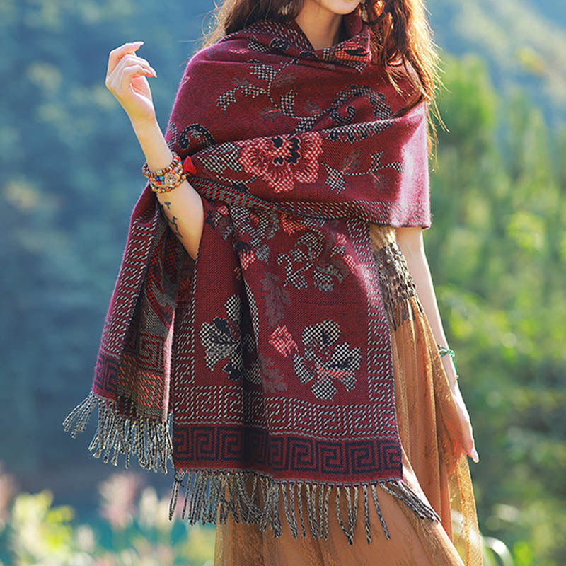 Nimara Ritual Tibetan Flowers Leaves Pattern Design Shawl Cozy Travel Scarf Wrap