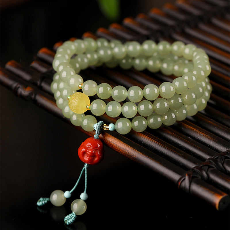 Nimara Ritual Jade Red Agate Amber Laughing Buddha Prosperity Bracelet