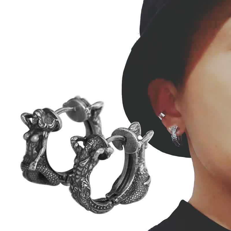 Nimara Ritual 925 Sterling Silver Dragon Hoop Pattern Protection Earrings
