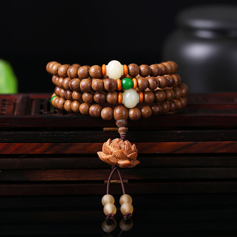 Nimara Ritual 108 Mala Beads Peach Wood Bodhi Seed Lotus Prayer Meditation Bracelet