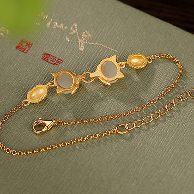 Nimara Ritual 925 Sterling Silver Natural Hetian White Jade Cyan Jade Lovely Fox Luck Bracelet