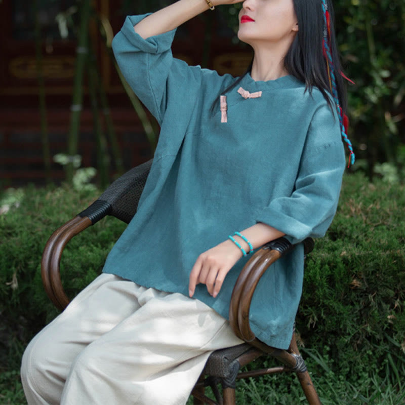 Nimara Ritual Ramie Linen Loose Blouse Women Long Sleeve Shirt Chinese Hanfu Top